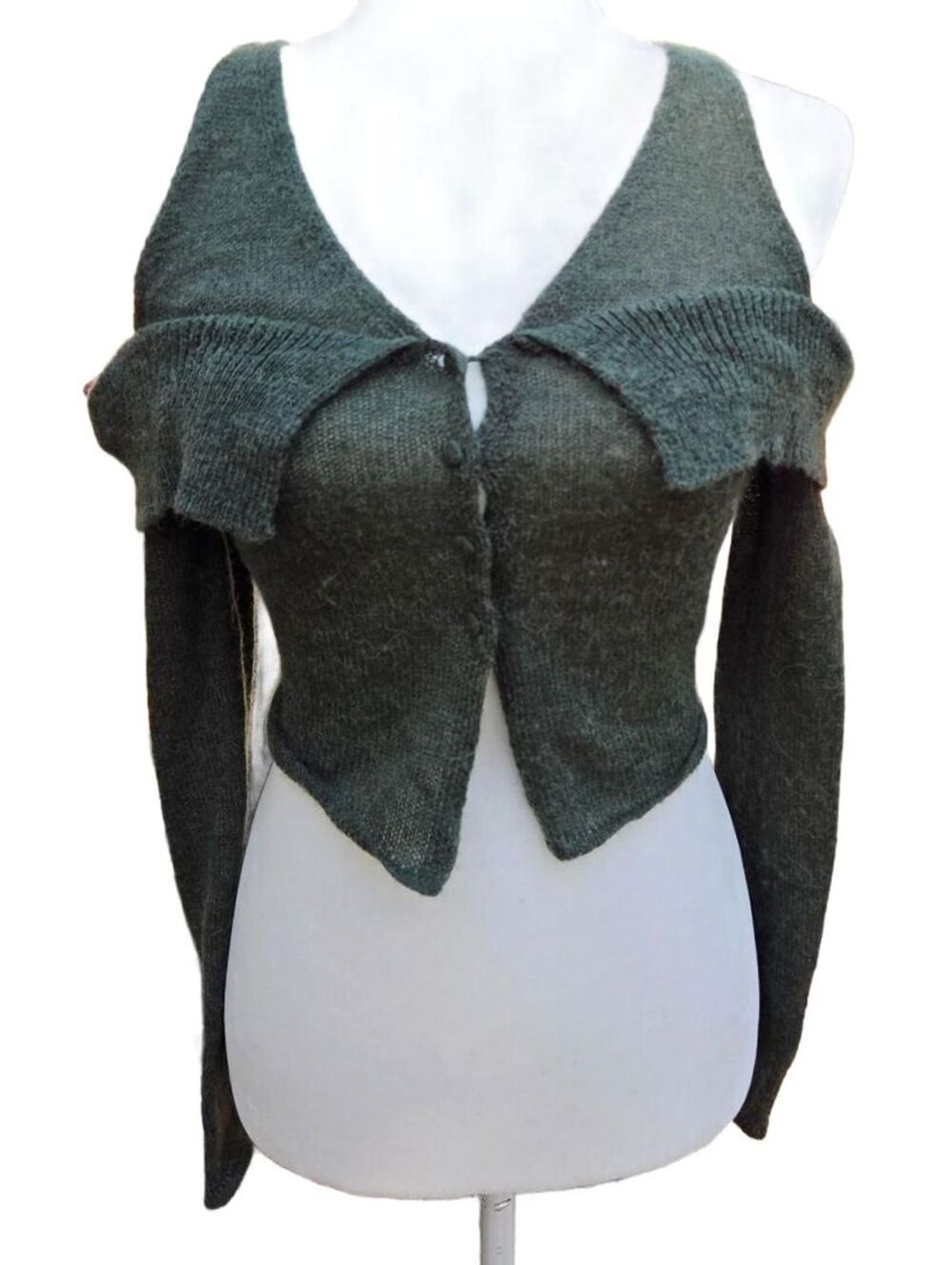Olive Green Cold Shoulder Cardigan Alpaca Wool Blend Sweater Fairy Top Size S